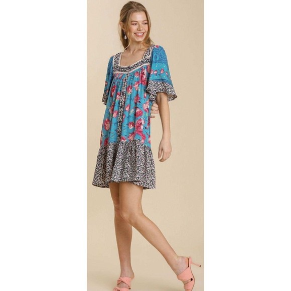 New UMGEE Small Mixed Floral Print Square Neck Ruffle Sleeve Button Front Dress - Picture 1 of 5
